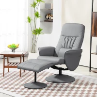 HOMCOM Swivel Recliner Chair with Footstool, PU Leather Armchair and Ottoman with High Back and Round Base for Living Room, Light Grey(m-10)