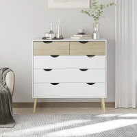 HOMCOM Commode 5 tiroirs Design scandinave Meuble de Rangement Chambre Panneau de Particules 99 x 39 x 101 cm Blanc Aspect chêne Clair(m-8)