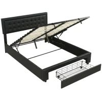 HOMCOM PU Leather King Size Ottoman Bed Frame, with Front Drawer - Black(m-1)