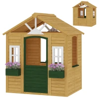 AIYAPLAY Houten kinderspeelhuis voor buiten met deur, 3 ramen en 2 bloembakken voor kinderen van 3-8 jaar, 134,5 x 97 x 150 cm, bruin(m-10)