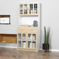 HOMCOM Küchenschrank Hochschrank Küchenbuffet mit Glastüren Geschirrschrank Esszimmerschrank mit 2 Schubladen und 2 Schränken Weiß+Natur 80 x 40 x 180 cm(m-10)