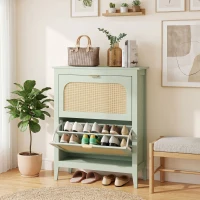 HOMCOM Narrow Shoe Cabinet, Boho Slim Shoe Storage Cabinet with 2 Flip Drawers, Holds 14 Pairs, Light Green(m-8)