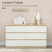 HOMCOM Cassettiera 6 Cassetti Moderna in Legno, 135x48x77cm, Bianco e Colore Legno(m-4)