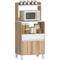 HOMCOM Meuble Micro-Ondes, Buffet Cuisine avec Tiroir, 2 Portes à Fermeture Douce, Plan de Travail et Étagères Ouvertes, Chêne(m-15)