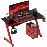 HOMCOM Mesa Gaming 120x65x74,5 cm Escritorio Ergonómico Gaming desk para Computadora PC con Portavasos Gancho para Auriculares y Pies Ajustables Efecto de Fibra de Carbono Rojo(m-1)
