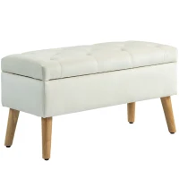 HOMCOM Cassapanca Pouf Contenitore Poggiapiedi 80x35x42 cm in Velluto, Gambe in Legno di Caucciù, Crema(m-1)