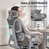 HOMCOM Chaise Bureau Ergonomique avec Accoudoirs 6D Appui-Tête et Profondeur d'Assise Réglables Maille Gris(m-9)