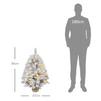 HOMCOM Kerstboom 90 cm, LED-Verlichting, Sneeuwtakken, Dennenappels, Vlamvertragend, Betonnen Voet(m-3)