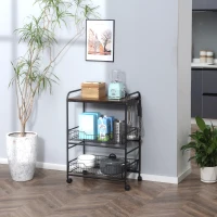 HOMCOM Carrito Auxiliar con Ruedas de 3 Niveles Carrito de Cocina con 2 Cestas y 4 Ganchos 60x38x85,5 cm Marrón Rústico(m-10)