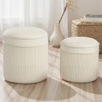 HOMCOM Lot de 2 poufs de rangement en velours, repose-pieds ronds gigognes avec couvercle amovible, Ø 36 et Ø 32 cm, crème(m-2)