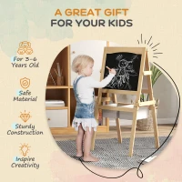AIYAPLAY Kids Easel with Paper Roll, 3 in 1 Art Easel for Toddlers, Double-Sided Kids Whiteboard Blackboard with Storage Baskets for Ages 3-6 Years - Natural Wood Finish(m-6)