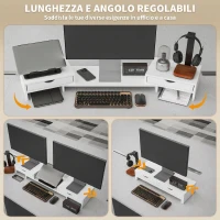 HOMCOM Supporto per Monitor da Scrivania con 2 Cassetti, 3 Spazi Sottostanti, Fino a 14kg, 60-116x22x12 cm, Bianco(m-4)