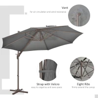 Outsunny 3(m) Cantilever Parasol with 360° Rotation Roma Umbrella, Hanging Sun Shade with Aluminium Frame, Tilt Crank, 8 Ribs and Cross Base, Dark Grey(m-6)