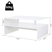 HOMCOM Coffee Table with Storage, 2-Tier Centre Table, Modern Living Room Table with Open Shelf and Aluminium Poles, White(m-3)