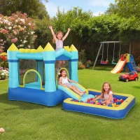AIYAPLAY Castello Gonfiabile per Bambini con Scivolo, Trampolino, Piscina e Canestro, 364x173x182 cm Blu e Giallo(m-10)