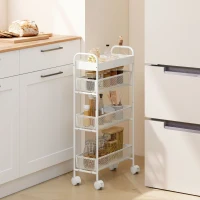 HOMCOM Keukentrolley van metaal, 3 manden, smal design, 4 wielen, voor keuken, woonkamer, badkamer, Wit(m-2)
