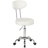 HOMCOM Tabouret à roulettes pivotant hauteur réglable en cuir synthétique avec dossier pour spa bureau tatouages Blanc(m-1)