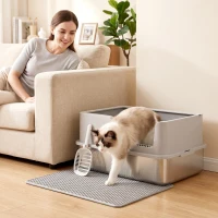 PawHut Bac Litière pour Chat en INOX Couvercle Bords Hauts Pelle et Tapis Anti-Adhérent Anti-Odeurs 60x40x30cm Gris Clair(m-8)