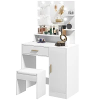 HOMCOM Toucador de Maquilhagem com Banco Mesa de Maquilhagem com Espelho LED Gavetas Prateleira Ajustável e Prateleiras Abertas Branco(m-11)