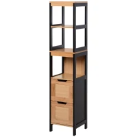 kleankin Armario Alto para Baño con 3 Estantes y 2 Cajones Estilo Moderno 30x30x142,5 cm Negro y Natural(m-12)