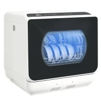 HOMCOM Compacte tafelvaatwasser, 4 couverts, droogmodus, 6L tank/kraan, startvertraging, LED, wit(m-11)