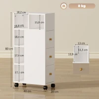 HOMCOM Smalle badkamerkast, badkast met 4 wielen, 3 lades, 5 open vakken, 20x40x80cm, Wit(m-3)