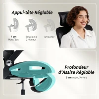HOMCOM Chaise Bureau Ergonomique avec Accoudoirs 4D Appui-Tête et Profondeur d'Assise Réglables Maille Noir(m-6)