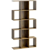 HOMCOM 5-Tier Bookshelf, S Shaped Geometric Bookcase with 15 Compartments, Rustic Brown(m-1)