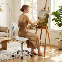 HOMCOM Tabouret à roulettes pivotant hauteur réglable en cuir synthétique avec dossier pour spa bureau tatouages Blanc(m-2)