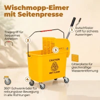 HOMCOM Schoonmaakwagen, verrijdbare emmer, schoonmaakemmer, 20 liter dweilwagen met pers, 2 bakken, geel(m-4)