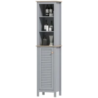 kleankin Bathroom Floor Storage Cabinet with 3 Tier Shelf and Cupboard with Door, Free Standing Linen Tower, Tall Slim Side Organizer Shelves, Grey(m-10)