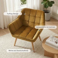 HOMCOM Gestoffeerde Stoel, Accentstoel, Scandi Ontwerp, Fluwelen Look, tot 120 kg, Rubberhout Poten, Geel(m-6)