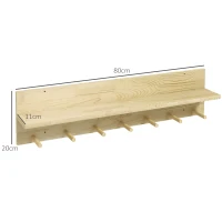 HOMCOM Raft Suspendat din Lemn de Brad, Raft de Perete cu 7 Carlige, Ton Natural(m-3)