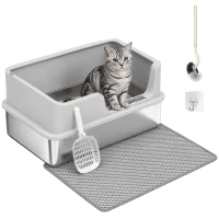 PawHut Bac Litière pour Chat en INOX Couvercle Bords Hauts Pelle et Tapis Anti-Adhérent Anti-Odeurs 60x40x30cm Gris Clair(m-10)