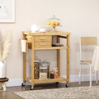 HOMCOM Desserte de cuisine à roulettes chariot de service meuble de rangement pour cuisine en bambou 2 tiroirs 83 x 45 x 96 cm(m-2)