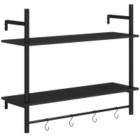 HOMCOM Estante de Parede de 2 Níveis Estante Suspensa com 4 Ganchos 2 Prateleiras e Estrutura de Metal 80x24x65 cm Preto(m-1)