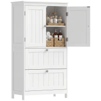 HOMCOM Armoire de salle de bain avec 2 tiroirs, autoportante, avec tablette réglable et portes à lames, Blanc(m-7)