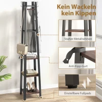 HOMCOM Kapstok met 4 niveaus, vrijstaande kledingrek, 8 haken, 4 planken, Industriële stijl, Metaal, Spaanplaat, Bruin(m-6)