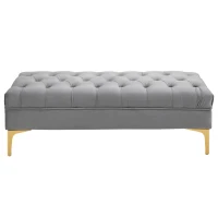 HOMCOM Banc banquette capitonnée bout de lit style classique chic dim. 118L x 45l x 42H cm piètement métal doré velours gris clair(m-11)