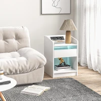 HOMCOM Mesa de Cabeceira com Luzes LED Gaveta Prateleira Estação de Carregamento Entrada USB e Controlo Remoto 40x40x58 cm Branco(m-10)