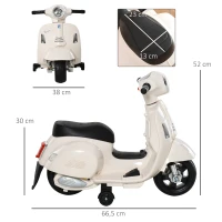HOMCOM Mota Elétrica Vespa 6V com Farol Buzina e Rodas Auxiliares para Crianças de 18-36 Meses Branco 66,5x38x52 cm(m-3)