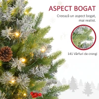 HOMCOM Mini Brad de Crăciun 60 cm cu lumini LED, 141 ramuri, conuri de pin, bobițe roșii, bază din ciment, verde(m-6)