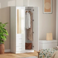 HOMCOM 2 Door 3 Drawer Mirrored Wardrobe with Hanging Rail, Modern Clothes Storage Cupboard with Mirror, Drawers and Adjustable Shelves for Bedroom, 80 x 50 x 180 cm, White(m-9)