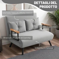 HOMCOM Divano Letto 3 in 1 in Tessuto Effetto Velluto con Schienale Regolabile e 2 Cuscini, 102x73x81 cm, Grigio Chiaro(m-6)