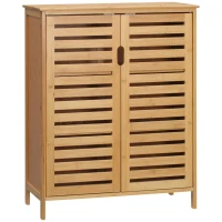 kleankin Meuble salle de bain en bambou armoire salle de bain sur pied avec double porte à lattes, 68 x 32 x 86 cm, naturel(m-1)