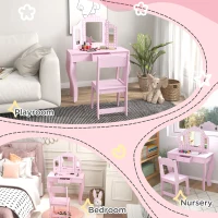 AIYAPLAY Kids Dressing Table Sets with Stool and Tri-Fold Mirror, Drawer for Playroom, Bedroom - Pink(m-7)
