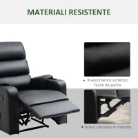 HOMCOM Poltrona Relax Reclinabile Manualmente a 165° con Poggiapiedi, Portabicchieri e Tasca in Finta Pelle, Nero(m-7)