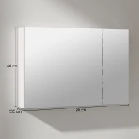 kleankin Armadietto Pensile Bagno con 3 Ante a Specchio e Ripiani Regolabili in Legno 90x13.5x60 cm, Bianco(m-3)