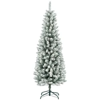 HOMCOM Kunstkerstboom, Slanke Vorm, Kunstmatige Sneeuw, Driedelig, Vlamvertragend, Metalen Voet, 180 cm, Groen(m-10)