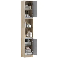 HOMCOM Armario de Baño Alto, Columna de Baño Estrecha con 2 Puertas y 2 Estantes Abiertos, para Espacios Pequeños, 30x24x170 cm, Roble y Gris(m-12)